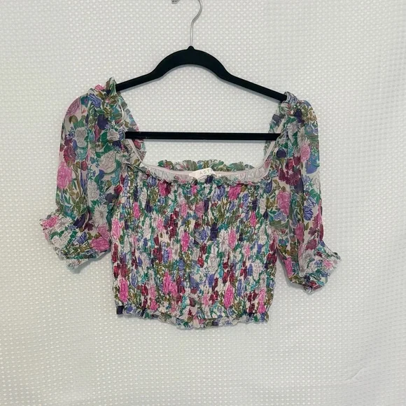 ASTR The Label Smocked Floral Crop Top Multicolor Puff Sleeve Ruffle | S - Picture 6 of 9